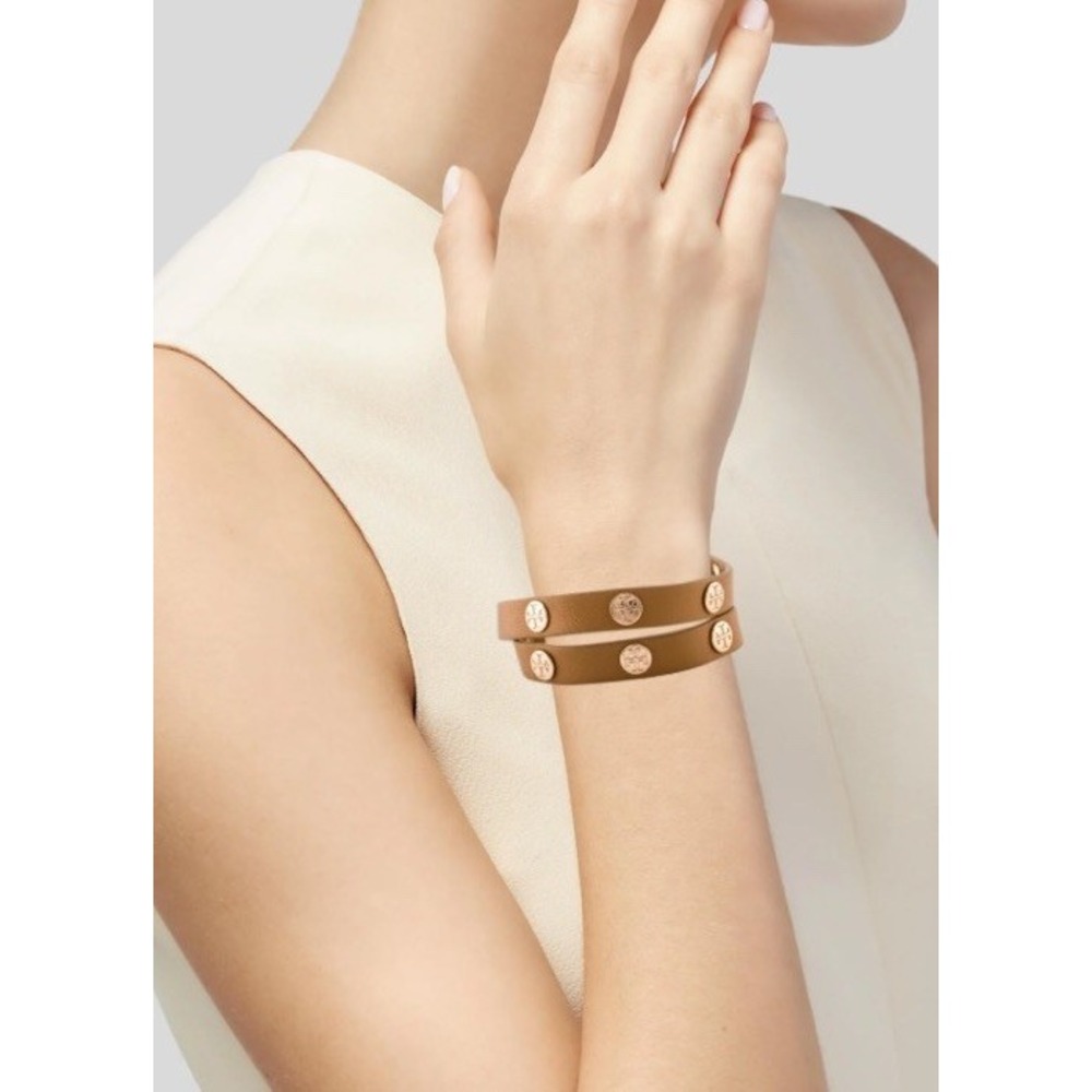 Tory Burch Studded Double Wrap Bracelet Brown Gold Leather